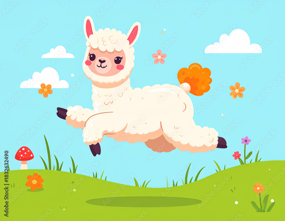 Naklejka premium Jumping Alpaca Surprised by Mushroom Vector Art