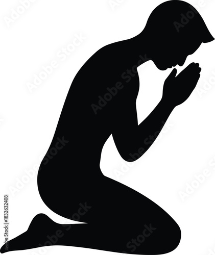 Silhouette of a man kneeling down and praying in humble posture muslim pray icon spiritual devotion
