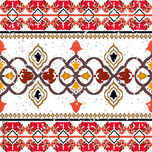 Tribal vector ornament. Damask seamless African pattern. Ethnic carpet with chevrons. Aztec style. Geometric mosaic on the majolica tile. Ancient interior.  Geo print on textile. Kente Cloth.