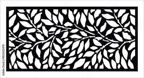 Decorative Rectangular Panel with Leaf and Branch Pattern Black and White organic