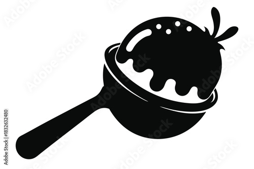 Black lollipop with dripping sauce and few white spots looks delicious on a white background