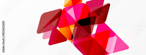 Abstract geometric shapes overlap, creating vibrant pinks, reds, oranges. Minimalist design on white background. Modern composition.