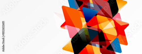 Abstract geometric shapes overlap, creating vibrant color bursts against white background. Dynamic composition suggests energy, movement.