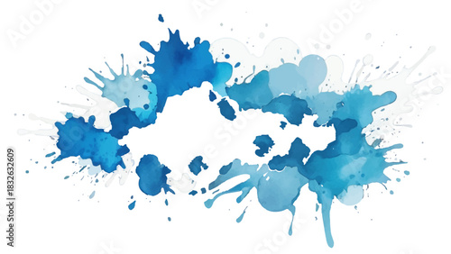 Blue watercolor background with water splash paint and artistic ink splatter texture
