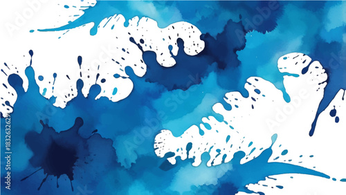 Blue watercolor background with water splash paint and artistic ink splatter texture