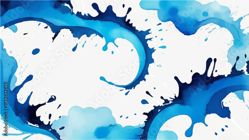 Blue watercolor background with water splash paint and artistic ink splatter texture