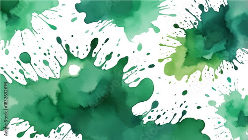 Abstract watercolor background with green paint splashes and artistic grunge texture
