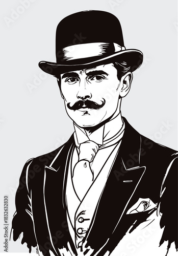 049-05-Elegant man with a groomed mustache wearing a classic bowler hat and three-piece suit