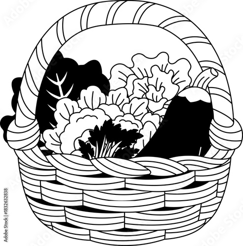 black and white illustration of a basket of vegetables