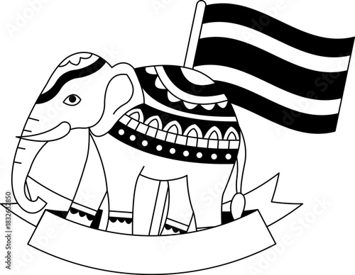 black and white illustration of An elephant with thai flag
