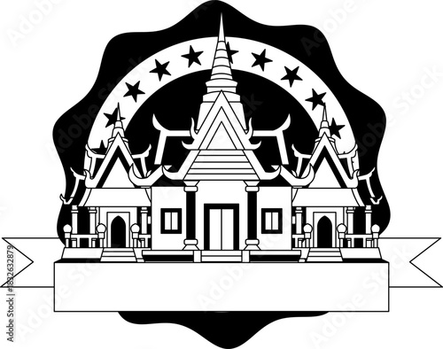black and white illustration of a thai temple logotype