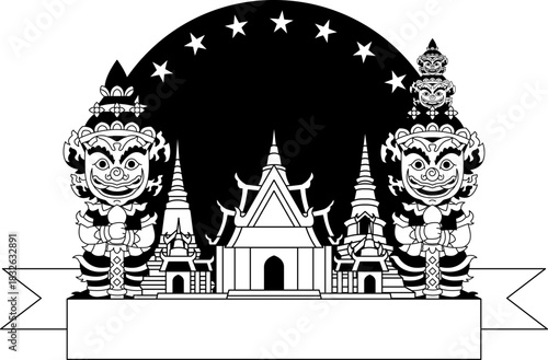 black and white illustration of a thai temple and two Thai giants