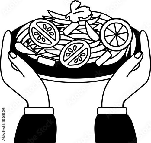 black and white two hand holding a thai papaya salad