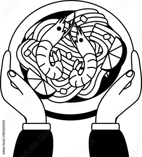 black and white two hand holding a padthai