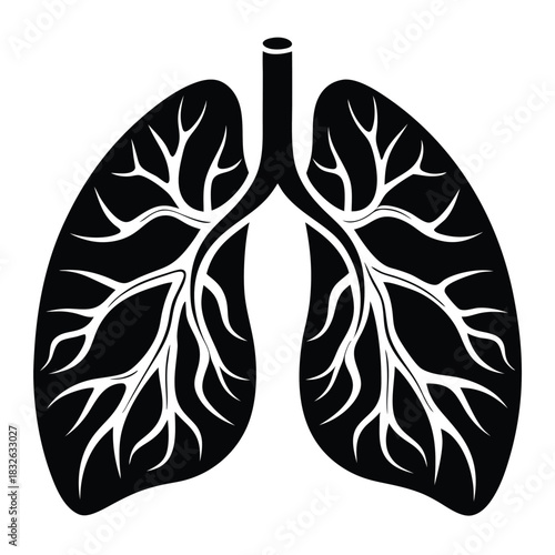 Silhouette lungs shows detailed branching airway structure in black and white, illustrating anatomy