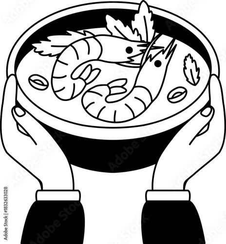 black and white two hand holding a bowl of Tom Yum Goong