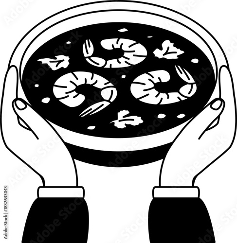 black and white two hand holding a bowl of Tom Yum Goong