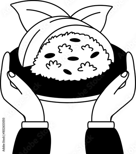 black and white two hand holding a thai mango sticky rice