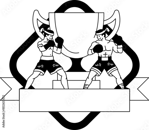 black and white illustration of Two males boxer in front of the trophy