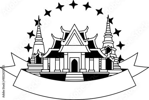 black and white illustration of thai temple and pagoda