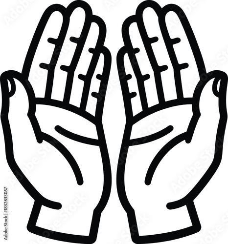 Two cupped hands facing upwards in outline style, symbolizing muslim pray icon for alms or supplication