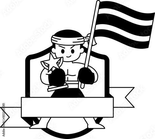 black and white illustration of a male thai boxer holding Thailand flag