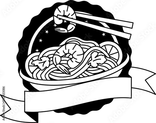 black and white illustration logotype of a padthai