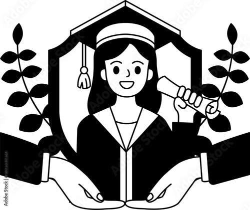 black and white two hand holding a woman in a graduation gown holding a diploma