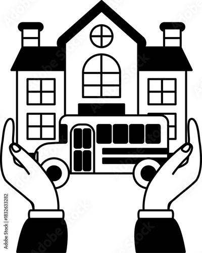 black and white two hands holding a school and school bus