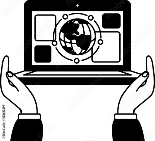 black and white of two hands holding a laptop