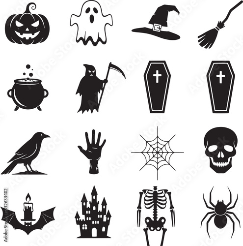 Halloween icons set with pumpkin ghost witch hat and broom.