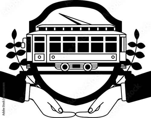 black and white two hand holding a shield and a tram