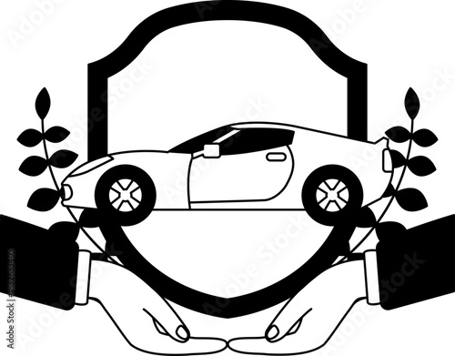 black and white two hand holding a shield and a car