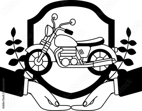 black and white two hand holding a shield and a vintage motorcycle