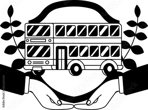 black and white two hand holding a shield and a double decker bus