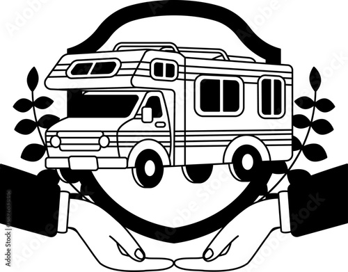 black and white two hand holding a shield and a camper van