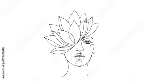 Elegant one line art of a woman's face with a lotus blossom, a continuous minimalist drawing vector graphic for beauty and wellness concepts.a
