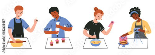 Vector illustration in flat cartoon style with cooking scenes set, collection of people at kitchen table, dough preparation, whisk mixing, cake decoration and pastry baking for food projects