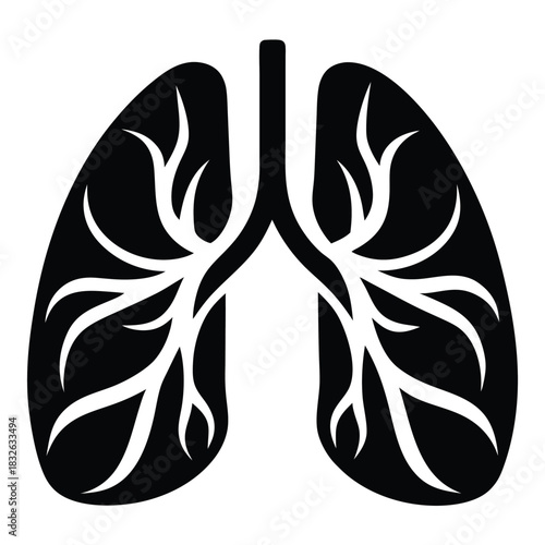 Anatomical lungs with bronchioles structure displayed in solid black color for easy identification and study
