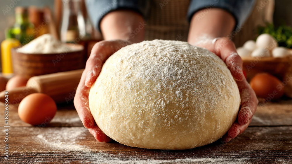 Fototapeta premium Close-up of Baker Holding Fresh Dough Ball Covered in Flour on Rustic Wooden Table, Baking Preparation with Ingredients and Kitchen Utensils in Background