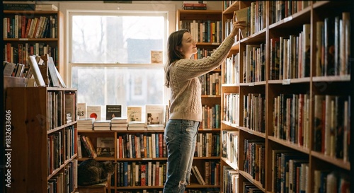 Woman Reaching For Book In Bookstore
