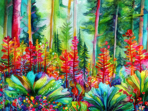 Wallpaper Mural Vibrant Watercolor Forest Illustration with Trees, Flowers, and Foliage in Bold Colors, Artistic Nature Scene, Fantasy Landscape, Colorful Botanical Art Torontodigital.ca