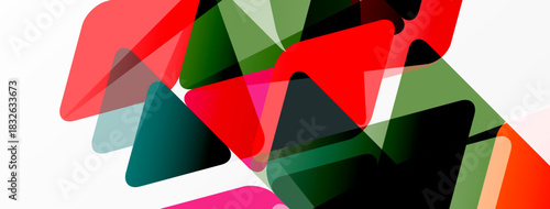 Abstract composition featuring overlapping geometric shapes. Colors include red, green, pink, plus white background. Modern design elements present.