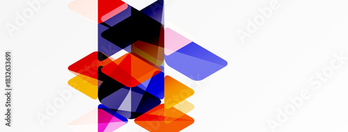 Abstract composition. Overlapping colorful rectangles create dynamic visual effect. Bright hues contrast against white background. Modern design.