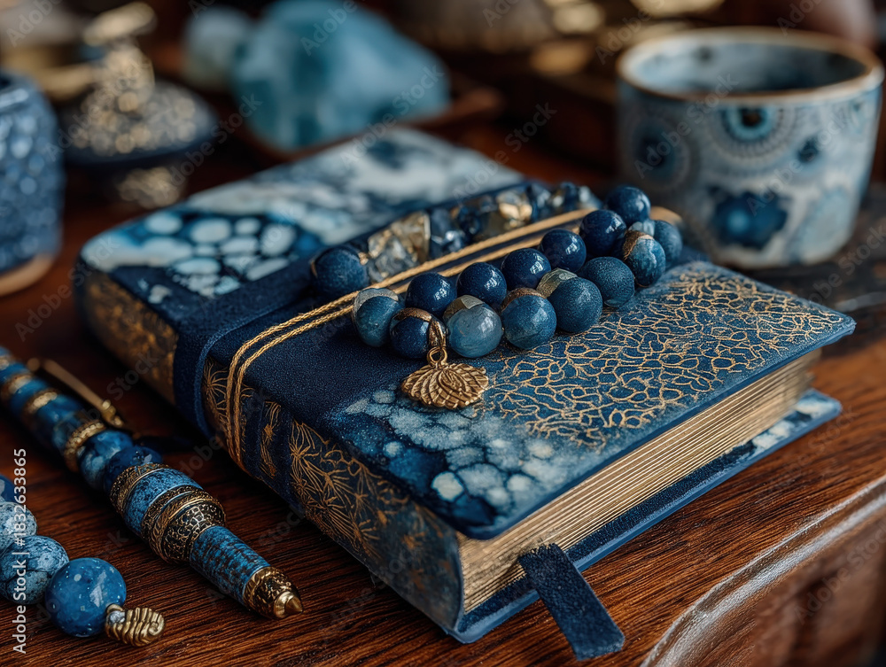 custom made wallpaper toronto digitalElegant Blue and Gold Journal with Beaded Bracelet, Decorative Pen, and Matching Accessories on a Wooden Surface, Creating a Sophisticated Aesthetic