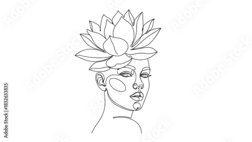 Woman with Lotus One Line Art, Continuous Contour Elegance, Minimalist Line Drawing