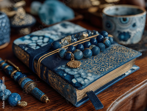 Wallpaper Mural Elegant Blue and Gold Journal with Beaded Bracelet, Decorative Pen, and Matching Accessories on a Wooden Surface, Creating a Sophisticated Aesthetic Torontodigital.ca