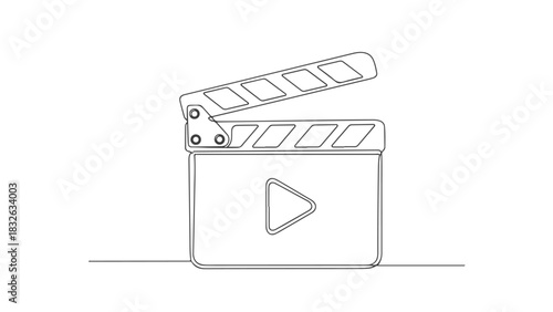 One line art continuous drawing of a movie clapboard with play button, a minimalist illustration of cinema production
