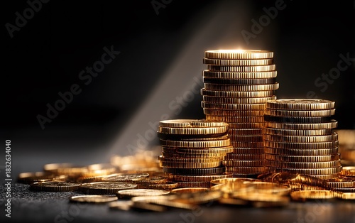 Radiant pile of gold coins showcased with a dramatic spotlight enhancing their luxurious appearance