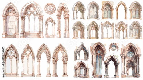 Detailed illustrations of gothic arches and architectural window designs with ornate shapes, stone textures, and historical craftsmanship ideal for heritage and design projects.
